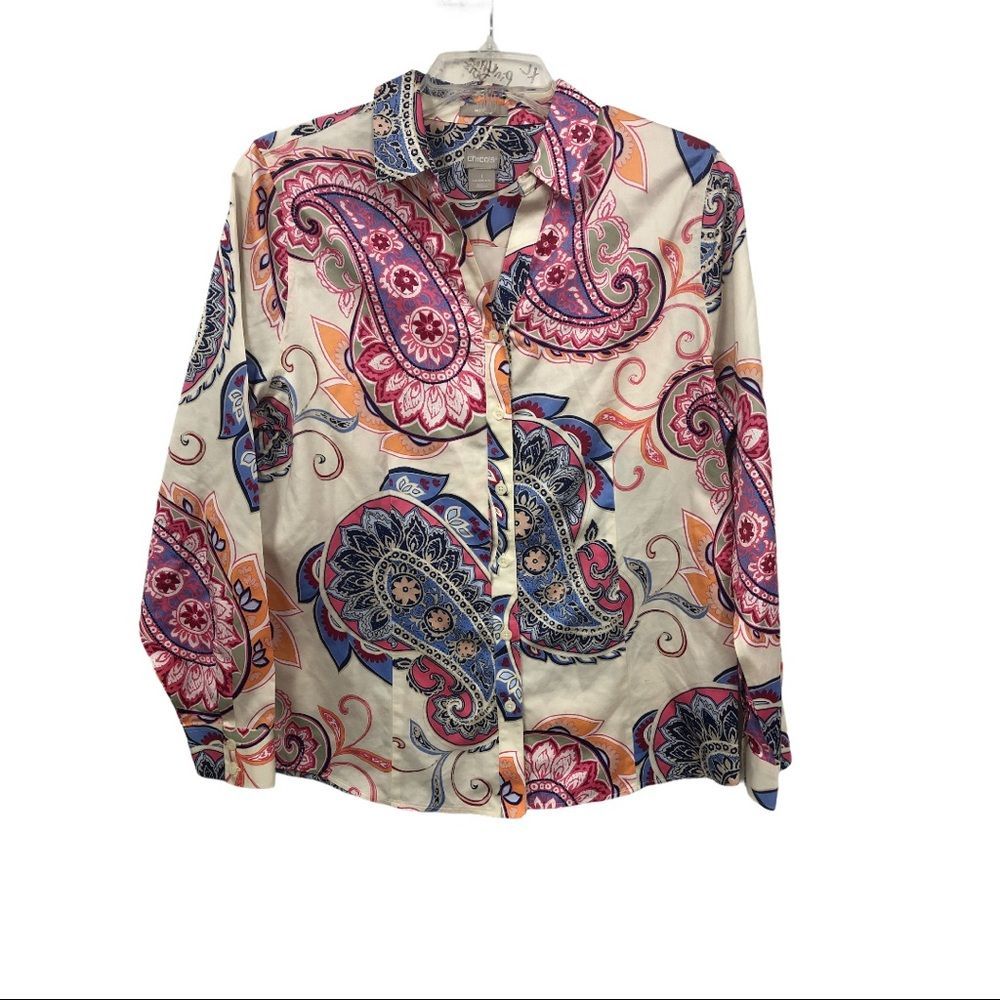 Chico's Cream Paisley Button-Down Shirt with Pink, Blue & Orange Accents